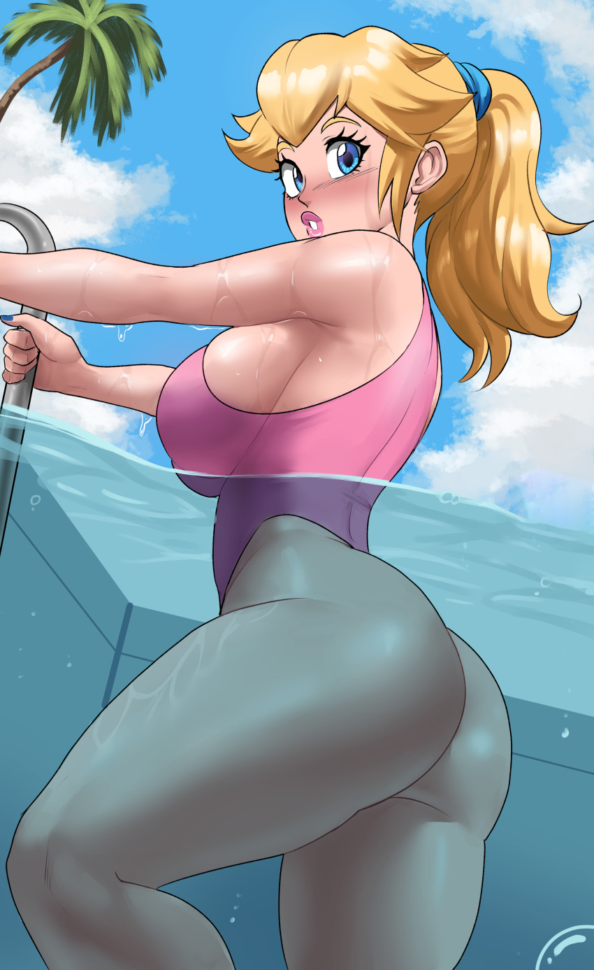 1girl 1girl 1girl 2022 absurd_res ass blonde_female blonde_hair blue_eyes blue_fingernails breasts dat_ass echosaber edit female_only hips huge_ass huge_breasts light-skinned_female light_skin lipstick long_hair mario_(series) nintendo one-piece_swimsuit outside partially_submerged partially_underwater_shot pin-up pink_lipstick pink_swimsuit ponytail pool princess_peach slim_waist solo_female solo_focus super_mario_bros. swimsuit thick_thighs thighs underwater water wide_hips