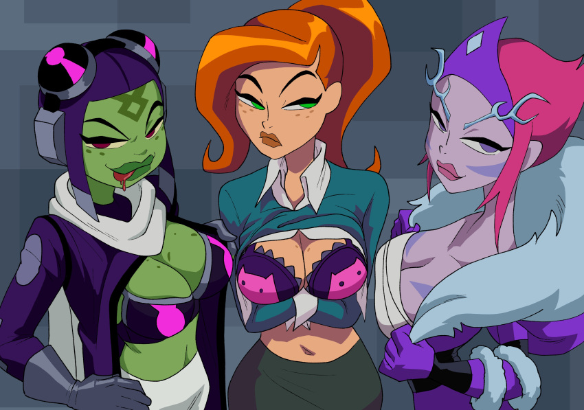 3_girls absurd_res amphibian areola attea ben_10 ben_10_omniverse big_breasts breast_size_difference breasts clothed_female coolerinker ester_(ben_10) female_focus female_only green_skin gwen_tennyson high_res inker_comics inkershike long_hair nipples princess_attea tagme teen
