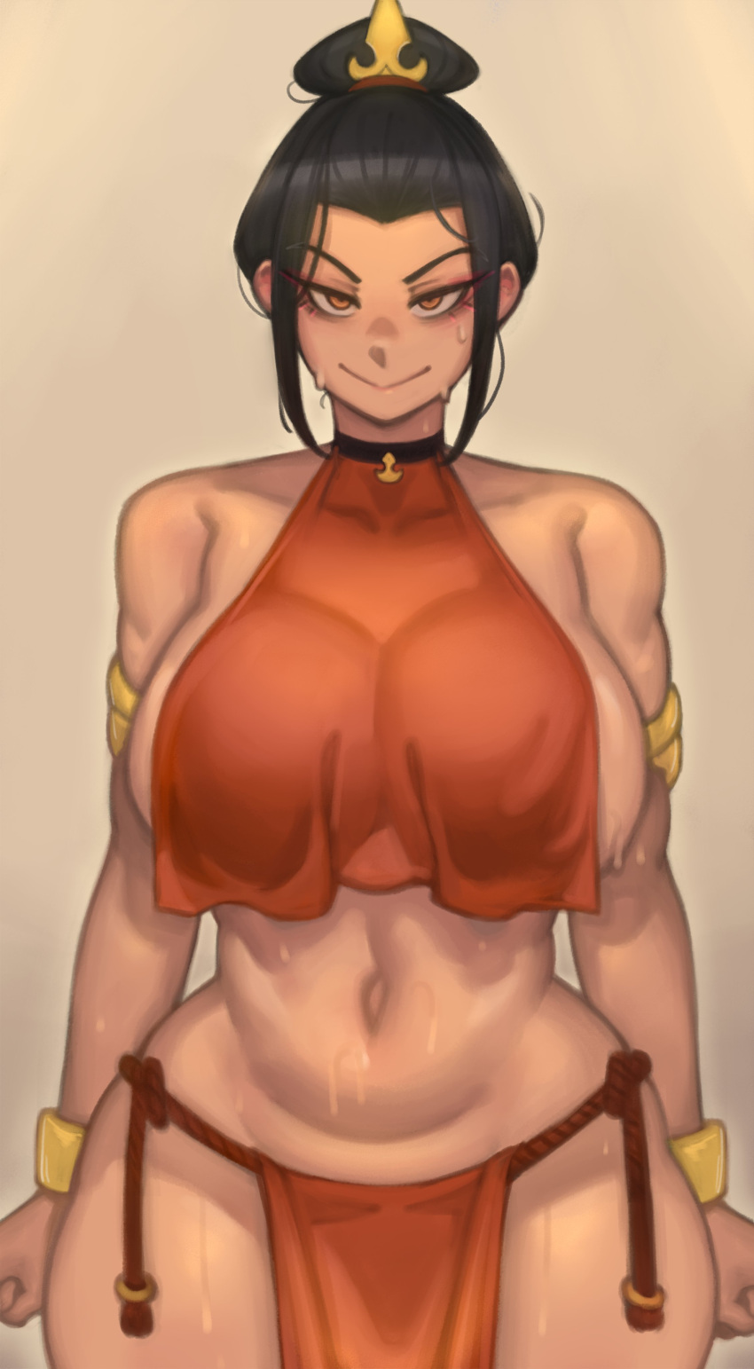 1girl alternative_bust_size archway_of_venus arm_strap armlet avatar:_the_last_airbender azula bare_shoulders big_breasts black_hair bracelet breasts brown_eyes choker clenched_hands closed_mouth concubine cowboy_shot crop_top crop_top_overhang curvaceous eyebrows eyelashes eyeliner hair_bun high_resolution jewelry kelvin_hiu large_filesize loincloth long_hair looking_at_viewer makeup midriff navel pelvic_curtain revealing_clothes short_hair sideboob sidelocks simple_background slender_waist smile smiling_at_viewer standing stomach sweat sweatdrop thick_thighs thighs tied_hair topknot tsurime v-shaped_eyebrows very_high_resolution