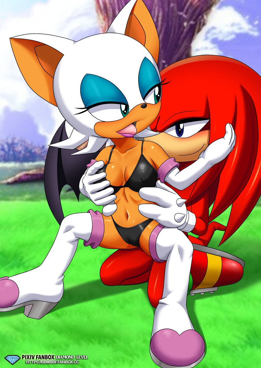 bbmbbf big_breasts blush bra erect_nipples eyeshadow groping horny knuckles_the_echidna lipstick mobius_unleashed palcomix panties pietro's_secret_club red_fur rouge_the_bat sega sonic_(series) tongue_out white_fur