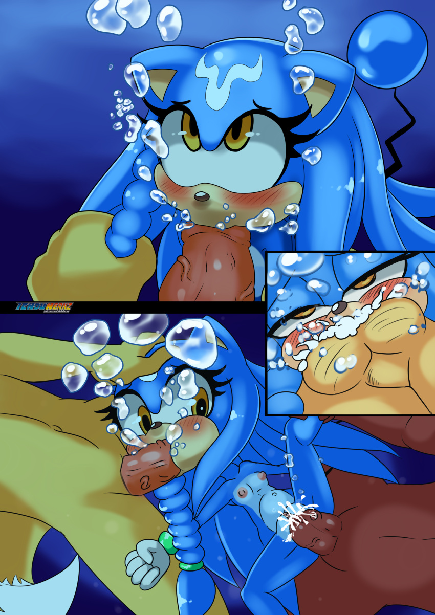 1girl absurd_res blue_body blue_fur blush breasts bubble bubbles_rosechu canid canine clitoris crossover cum_in_mouth cwc faceless_male fox fur furry genitals high_res ichduhernz knuckles_the_echidna male mammal miles_"tails"_prower nipples nude oral original original_character penis pussy red_body red_fur sega sex small_breasts sonic_the_hedgehog_(series) sonichu_(series) straight underwater underwater_sex unseen_character vaginal_penetration water yellow_body yellow_eyes yellow_fur