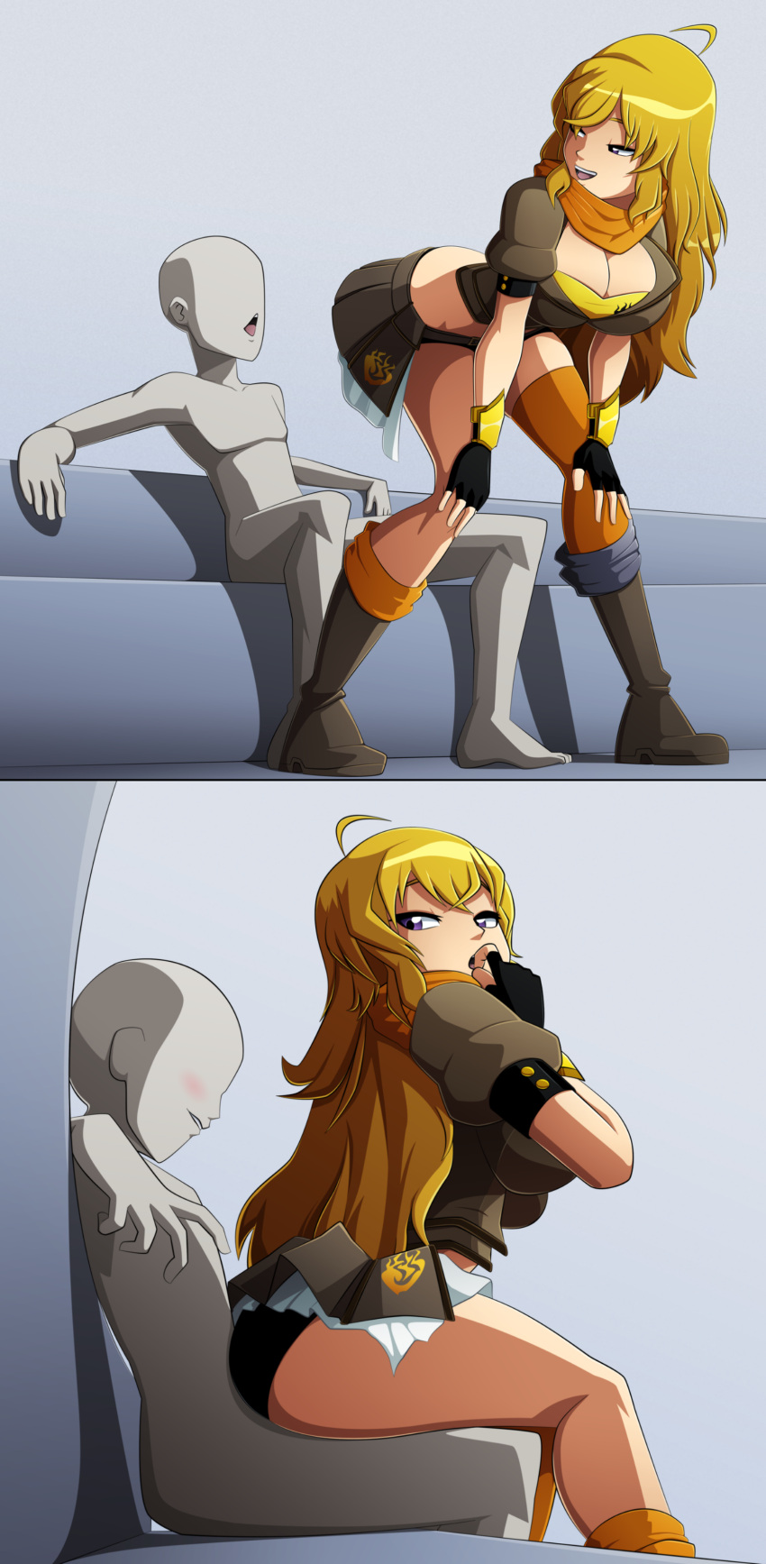 1boy 1girl 1girl ass big_breasts big_breasts blonde blonde_hair breasts cleavage clothed clothed_female faceless_male finger_in_mouth lap_dance long_hair looking_back male male/female panties ravenravenraven rwby seductive_smile sitting_on_lap sitting_on_person smile tagme teasing yang_xiao_long