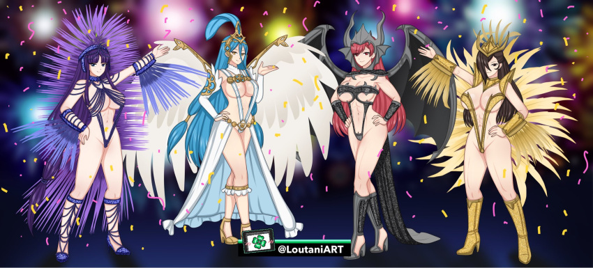 4girls abs alluring alternate_costume altina_(fire_emblem) aqua_hair athletic_female azura_(fire_emblem) bare_arms bare_legs bare_midriff big_breasts big_breasts blue_eyes blue_hair boots brown_hair carnival cherche_(fire_emblem) collarbone confetti female_abs female_only fire_emblem fire_emblem:_radiant_dawn fire_emblem_awakening fire_emblem_fates fireworks fit_female hair_between_eyes hair_over_one_eye high_heels kagero_(fire_emblem) light_blue_hair long_hair looking_at_viewer loutaniart multiple_girls nintendo pose purple_hair red_eyes red_hair revealing_clothes showgirl sideboob skimpy skimpy_clothes smile thong_leotard under_boob very_long_hair wings yellow_eyes