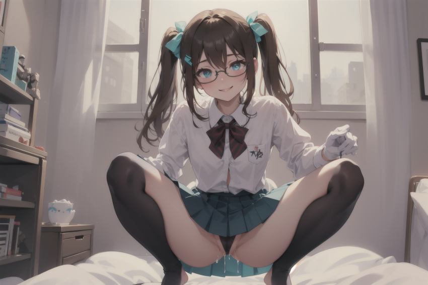 1girl ai_generated ass bedroom black_panties black_skirt blush clitoris clothes_lift feet foreshortening glasses gloves indoors leaning_back looking_down nipples pleated_skirt presenting_pussy pussy pussy_juice pussy_juice_trail sallexvt skirt_lift spread_legs spread_pussy squatting stirrup_legwear thighs tiptoes turquoise_eyes