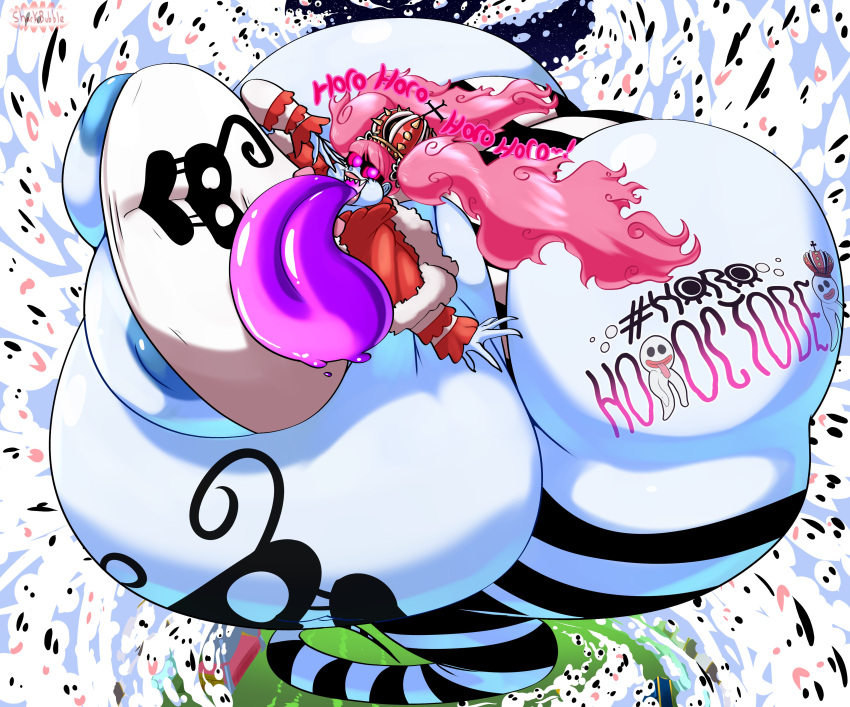 1girl absorption ass_crack drooling ghost ghost_girl ghosts giantess giantess_growth gigantic_ass glowing_eyes halloween huge_belly huge_breasts long_tongue nip_slip nipples obese one_piece outgrowing_clothes panties perona souls striped_panties tail weight_gain wide_hips
