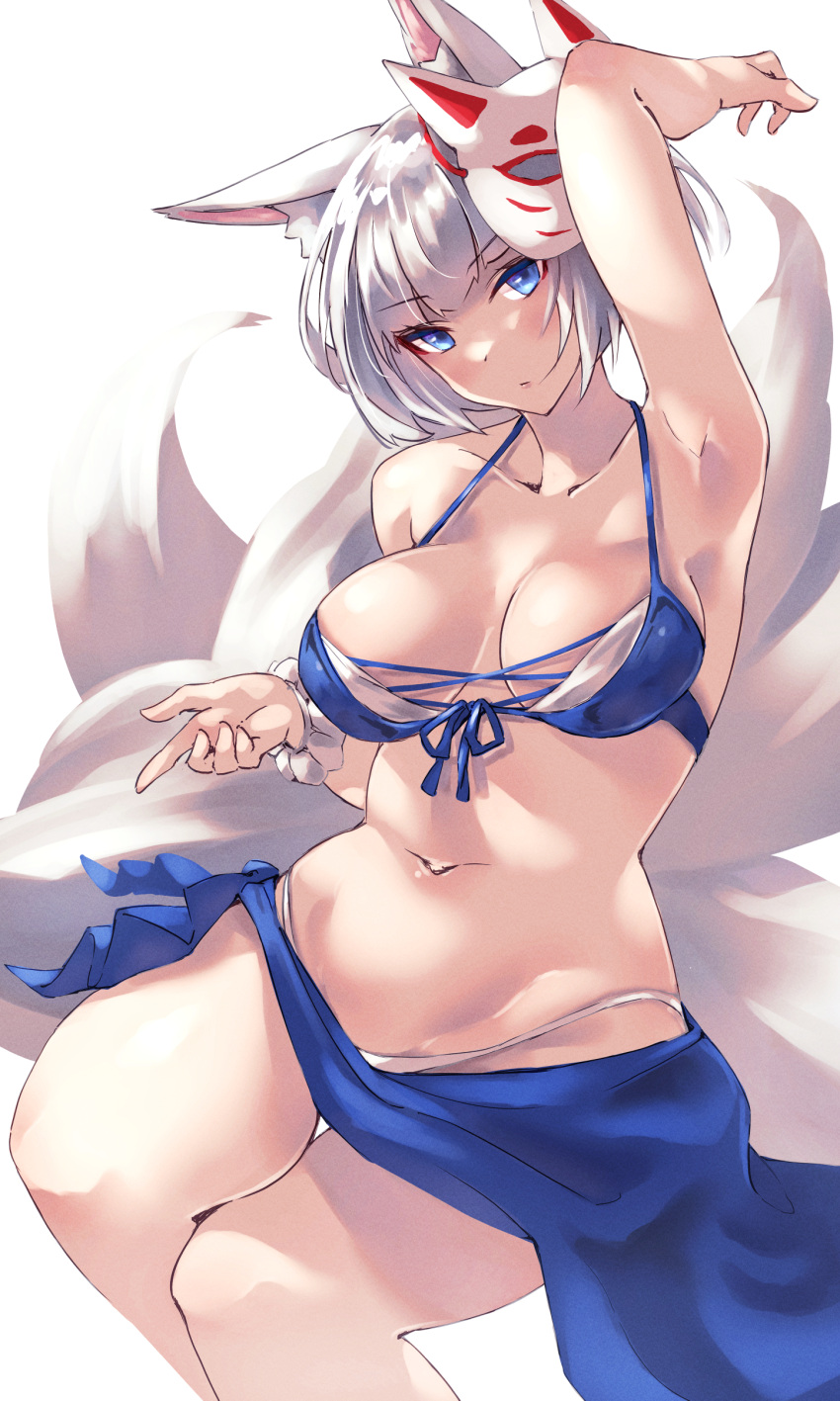 1girl 1girl absurd_res alexi_oekaki animal_ears arm_up armpits azur_lane big_breasts bikini blue_bikini blue_eyes blush breasts cleavage collarbone commentary_request fox_ears fox_girl fox_mask fox_tail high_res kaga_(azur_lane) looking_at_viewer mask mask_on_head multiple_tails navel short_hair silver_hair simple_background swimsuit tail thighs white_background