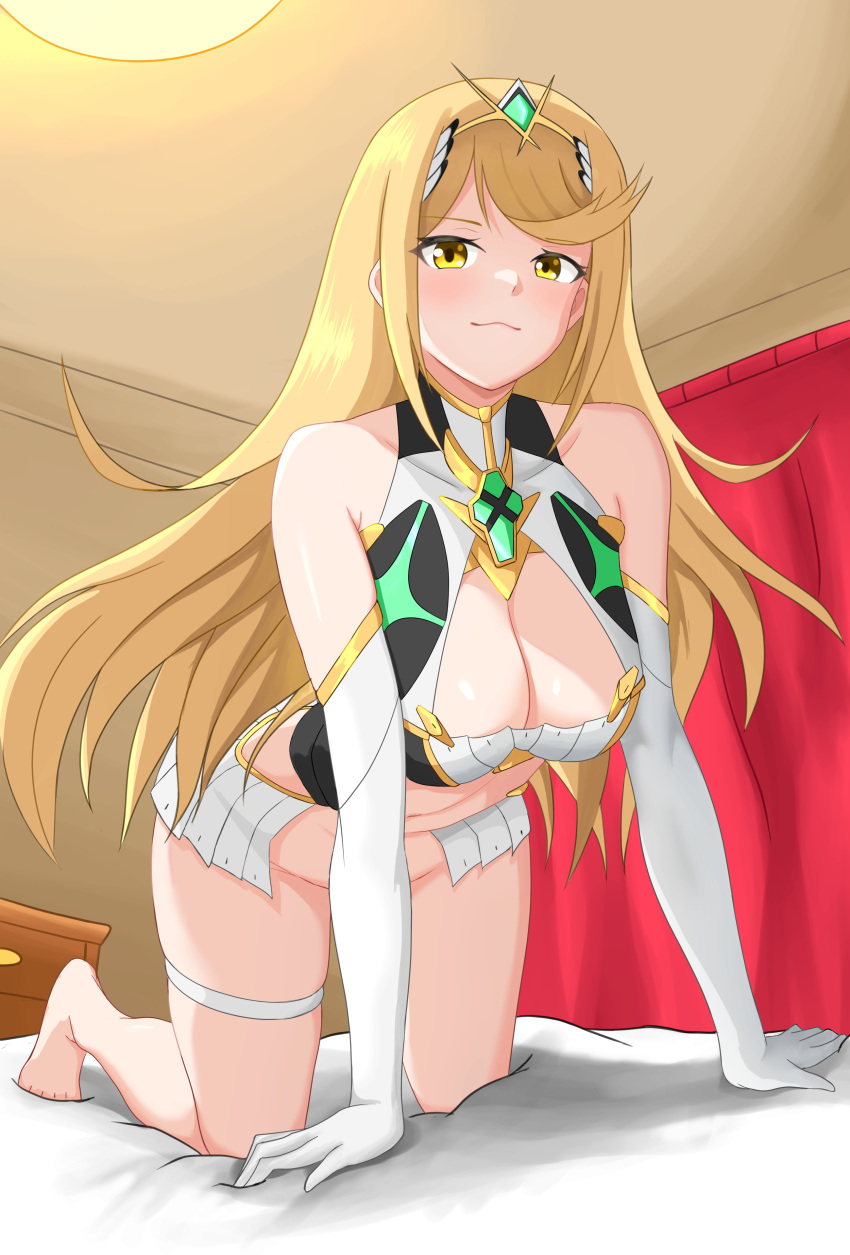 1girl 1girl 1girl alluring bed big_breasts blonde_hair cleavage female_only kobaaaan legs looking_at_viewer mythra nintendo on_bed xenoblade_(series) xenoblade_chronicles_2 yellow_eyes