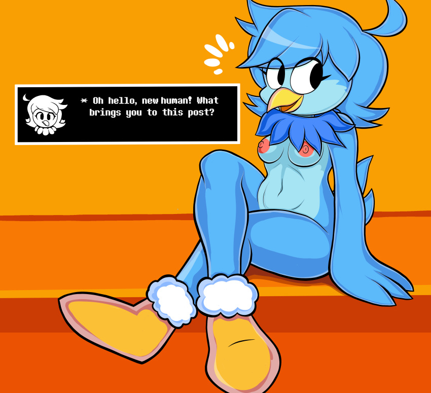 1girl 2024 anthro avian bird black_eyes blackmore blue_body blue_hair breasts dialogue english_text female_focus female_only first_porn_of_character footwear footwear_only fur martlet_(undertale_yellow) mostly_nude navel nipples nude red_nipples shoes shoes_only small_breasts table tail talking text undertale undertale_(series) undertale_yellow