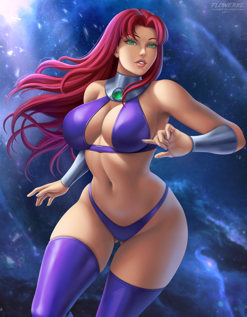 1girl 2020 5_fingers alien alien_girl alternate_version_available big_breasts boots breasts cleavage clothing dc_comics deviantart eyebrows eyelashes female_only flowerxl green_eyes hair humanoid humanoid_hands koriand'r long_hair older older_female panties pinup red_hair redhead starfire stockings tamaranean teen_titans thick_thighs wide_hips young_adult young_adult_female young_adult_woman