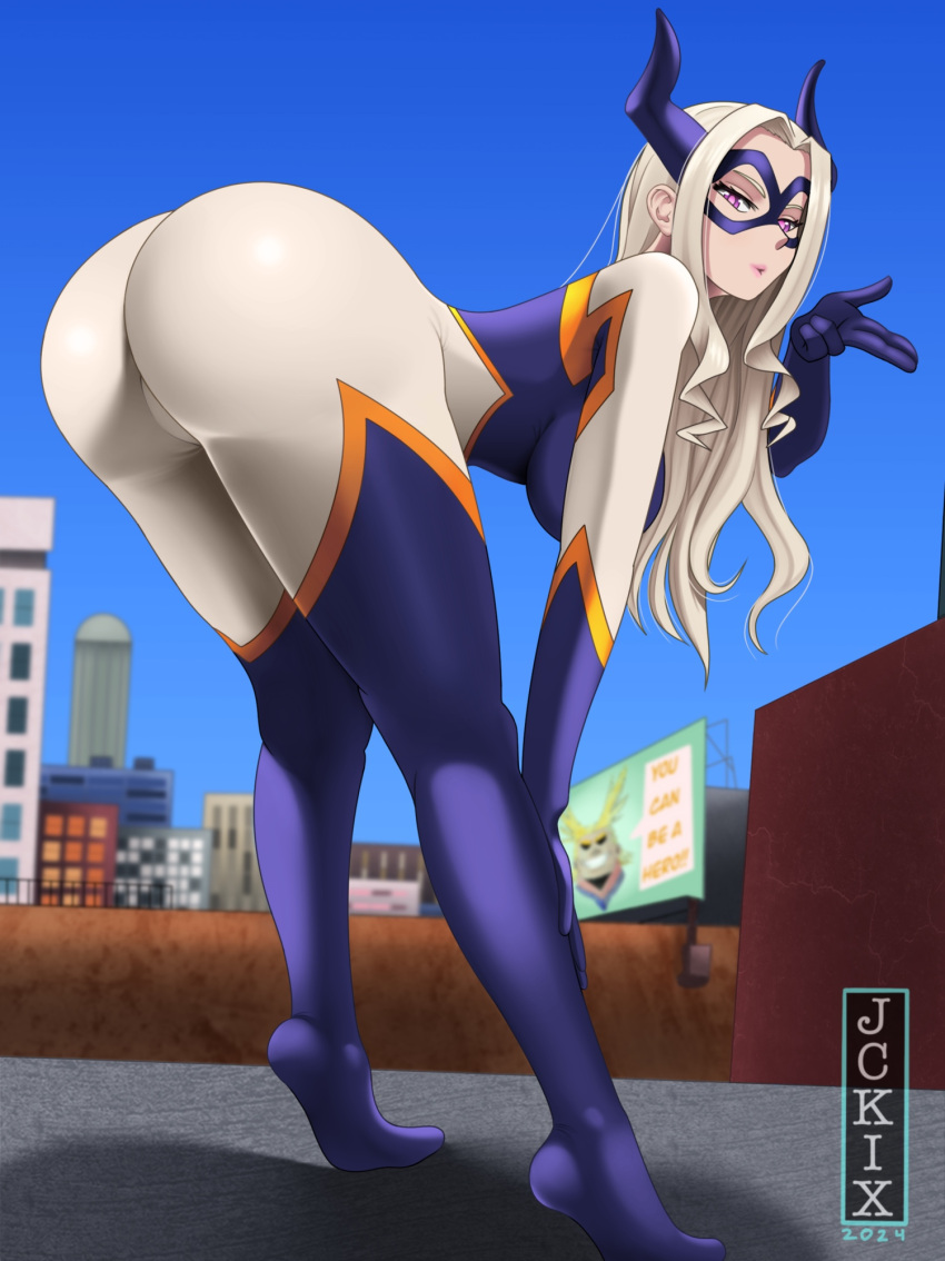 1girl ass ass_focus big_breasts boku_no_hero_academia breasts brown_hair city full_body legs long_hair long_legs mature_female mount_lady pervert_female sex_invitation sexually_suggestive sky