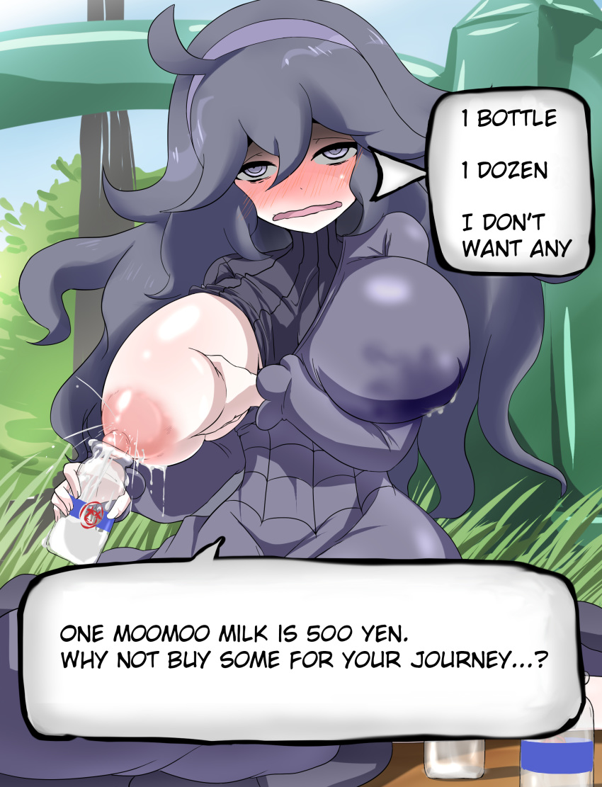 1girl @_@ absurdres ahegao ahoge areolae ayuayu_(shouyu_no_sato) black_hair blush bottle breast_hold breast_slip breasts bush grass hairband hard_translated hex_maniac_(pokemon) highres huge_breasts lactation long_hair looking_at_viewer milk milk_leaking_through_clothing naughty_face nipples npc_trainer one_breast_out open_clothes open_mouth outdoors pale_skin pokemon pokemon_(game) pokemon_xy purple_eyes ribbed_sweater sitting sky smile solo sweater text translated