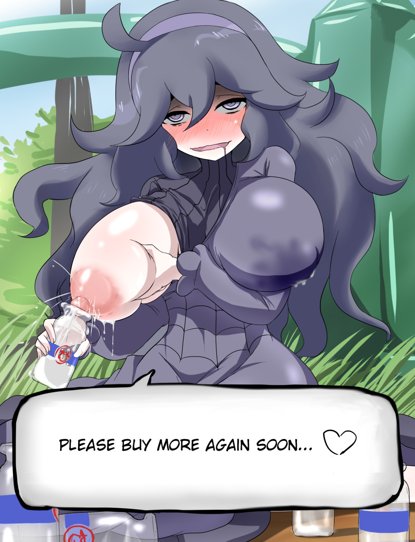 1girl @_@ absurdres ahegao ahoge areolae ayuayu_(shouyu_no_sato) black_hair blush bottle breast_hold breast_slip breasts bush grass hairband hard_translated heart hex_maniac_(pokemon) highres huge_breasts lactation long_hair looking_at_viewer milk milk_leaking_through_clothing naughty_face nipples npc_trainer one_breast_out open_clothes open_mouth outdoors pale_skin pokemon pokemon_(game) pokemon_xy purple_eyes ribbed_sweater sitting sky smile solo spoken_heart sweater text translated