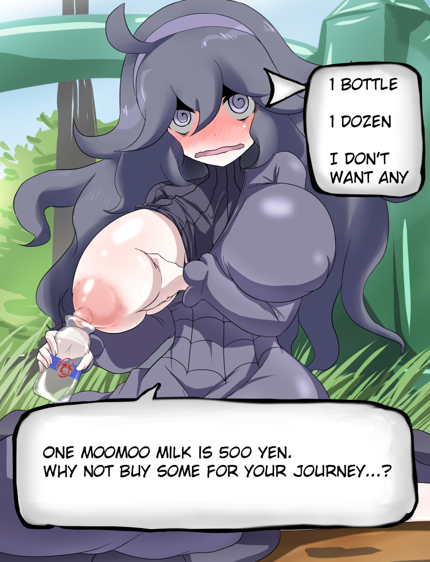 1girl @_@ absurdres ahoge areolae ayuayu_(shouyu_no_sato) black_hair blush bottle breast_hold breast_slip breasts bush grass hairband hard_translated hex_maniac_(pokemon) highres huge_breasts long_hair looking_at_viewer naughty_face nipples npc_trainer one_breast_out open_clothes open_mouth outdoors pale_skin pokemon pokemon_(game) pokemon_xy purple_eyes ribbed_sweater sitting sky smile solo sweater text translated