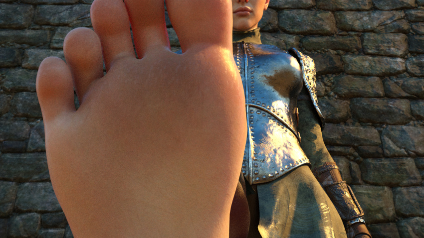 1girl 3d feet female_focus female_only foot_fetish foot_focus foot_lick looking_at_viewer low-angle_view medieval pov short_hair spodvohomg submissive submissive_pov