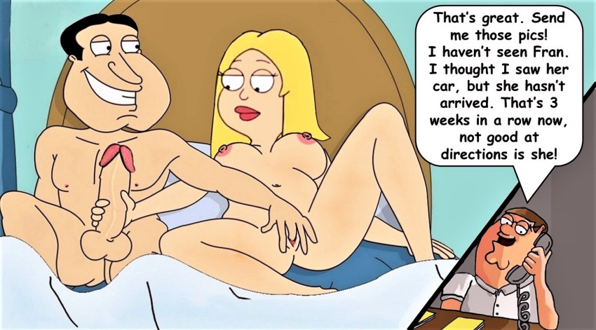 american_dad breasts crossover erect_nipples erect_penis family_guy fingering francine_smith glenn_quagmire holding_penis huge_penis nude peter_griffin shaved_pussy spread_legs thighs