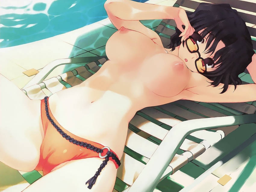 1girl :o adjusting_glasses armpits bikini black_hair breasts breasts_apart cameltoe chair female game_cg glasses haruka_yuzuhara highres labia lounge_chair lying milf mitsumi_misato nipples nude nude_filter on_back partially_visible_vulva photoshop pool pussy red_eyes short_hair solo swimsuit to_heart_2 to_heart_2_ad topless yuzuhara_haruka