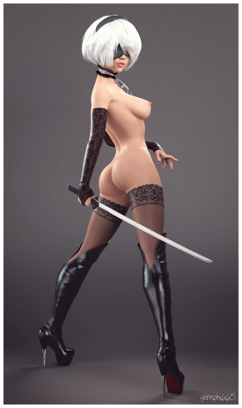 3d black_blindfold black_legwear blindfold boots high_heel_boots high_resolution katana lace-top_stockings lace-trimmed_thighhighs large_filesize nier nier:_automata nier_(series) sereph665 stockings sword very_high_resolution weapon white_hair yorha_no._2_type_b