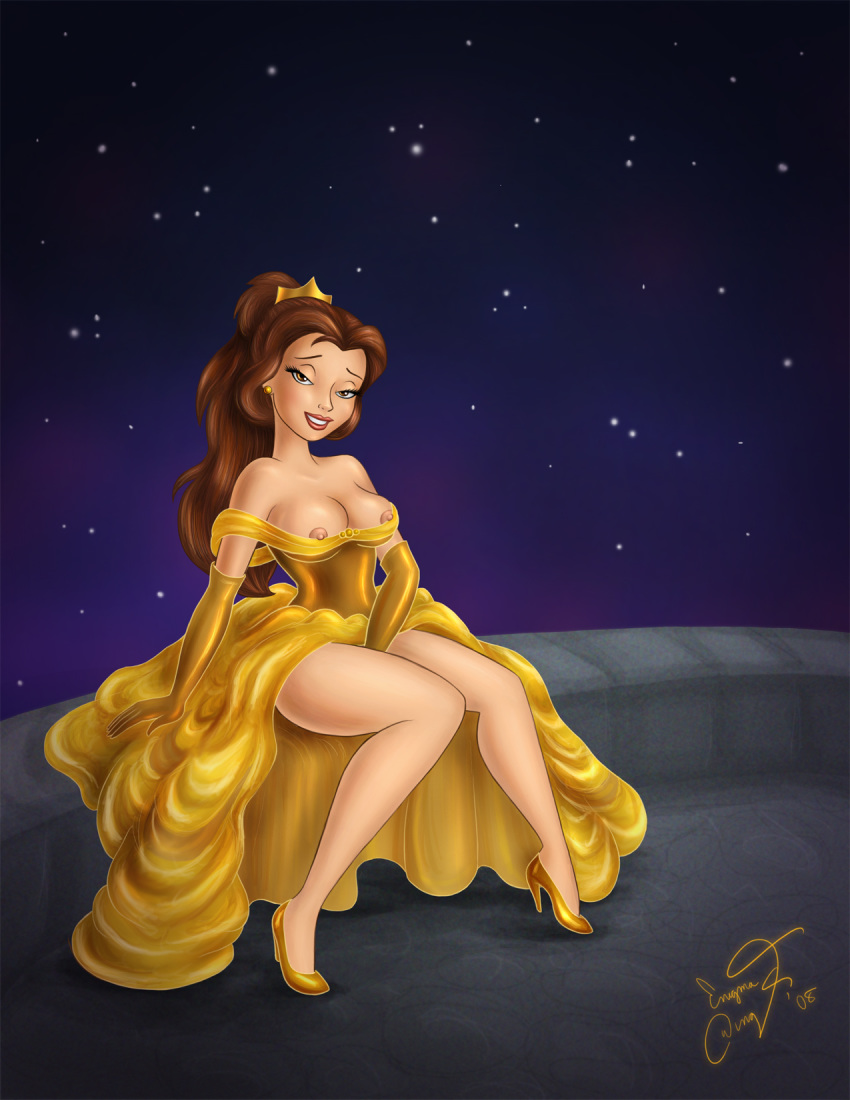 1_girl 1girl 2008 balcony beauty_and_the_beast breasts brown_eyes brown_hair clothed disney dress dress_lift enigmawing female female_human female_masturbation female_only gloves hand_between_legs high_heels human long_brown_hair long_hair night princess_belle sexy sitting smile tagme