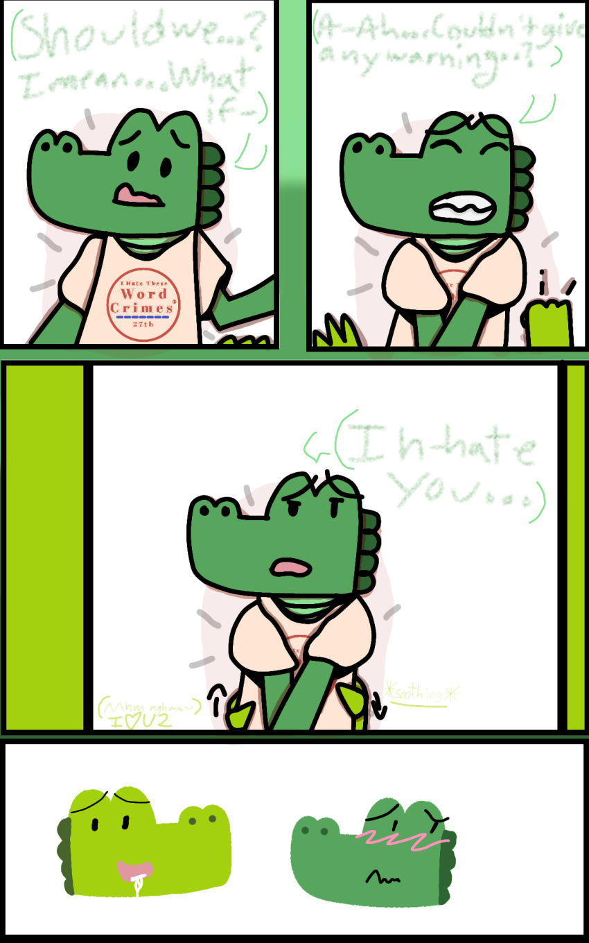 2boys alternate_version_available anthro anthro_only brash_(investigators) comic_book_character comic_strip cum cum_in_mouth dialogue gay_sex giving_head investigators mango_(character) mango_(investigators) reptile_humanoid suprised yaoi