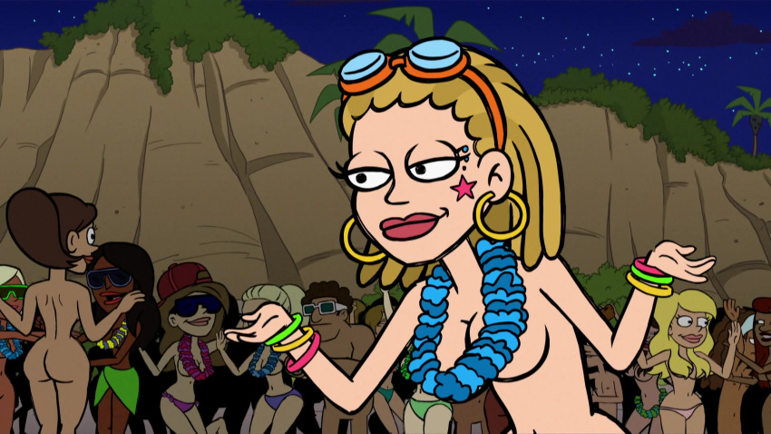 background_character completely_nude_female flower_necklace glow_bracelets good_vibes hoop_earrings nude_beach party rave sigourney_(good_vibes) sunglasses swimming_goggles tagme topless_female