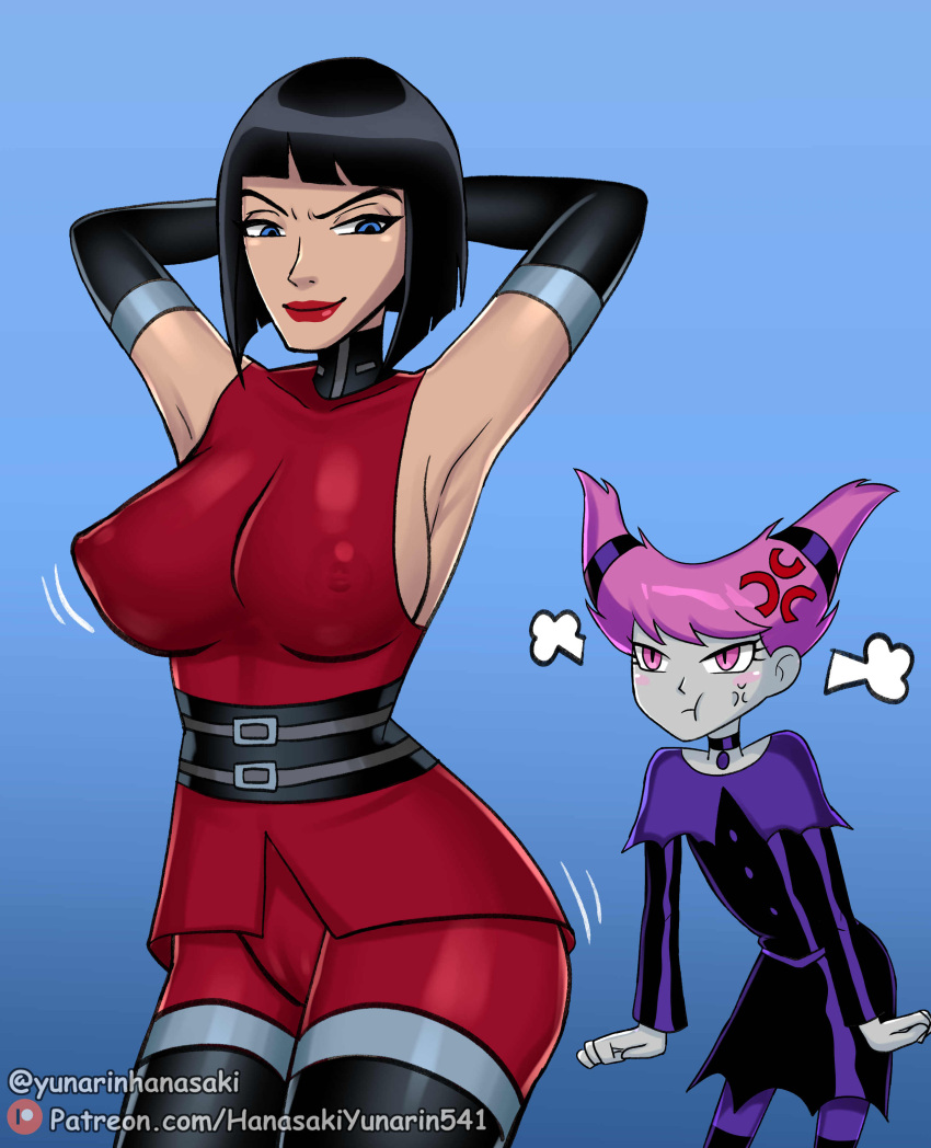 2023 2_girls angry angry_expression angry_face angry_female areola areolae_visible_through_clothes arm_gloves armpits arms_behind_head artist_website background bare_shoulders belt belt_around_waist belts big_breasts black_hair blue_eyes bob_cut breasts cartoon_network clothed clothed_female clothing collar comic_book_character dc_comics english_text erect erect_nipples erection expressions eyebrows eyelashes female_focus female_only fully_clothed fully_clothed_female grin hair hanasakiyunarin high_res huge_breasts jealous jealous_female jealousy jinx light-skinned_female light_skin lips lipstick looking looking_at_another looking_back madame_rouge mature mature_female medium_hair neckwear nipples nipples_visible_through_clothing pale-skinned_female pale_skin patreon patreon_paid patreon_reward pink_hair pout pouting pouting_girl pussy pussy_visible_through_clothes red_lips red_lipstick short_hair simple_background size_difference smile smiling_at_another standing standing_position teen_titans text waist_belt white_text