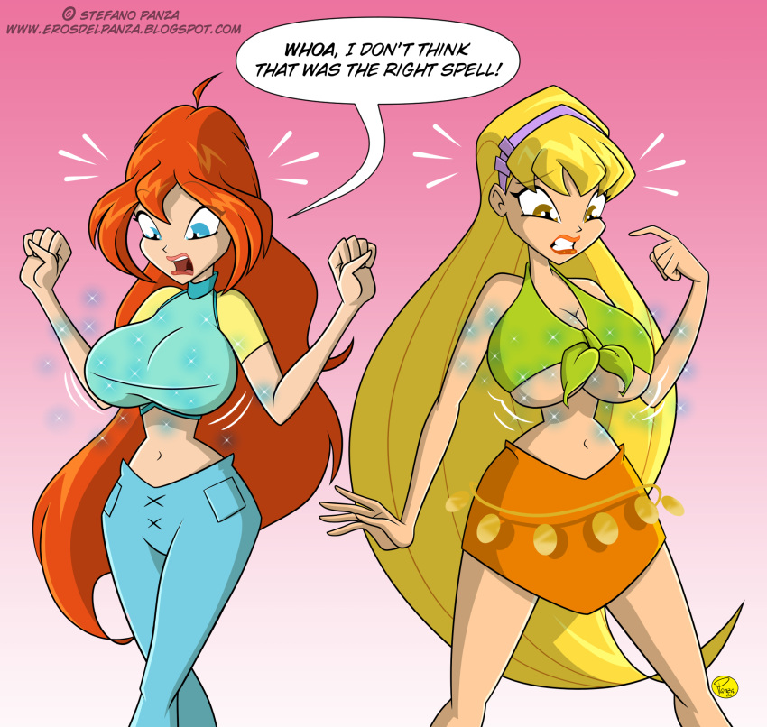 2_girls 4kids_entertainment ahoge bare_legs bare_shoulders bell-bottoms bellbottoms big_breasts big_eyes blonde_hair bloom_(winx_club) blue_pants breast_expansion breasts brown_eyes bursting_breasts cleavage clenched_teeth commission crop_top cyan_eyes green_crop_top hair_between_eyes hair_down hairband hazel_eyes ilpanza lips long_bangs long_hair looking_down magic midriff miniskirt motion_lines navel nickelodeon open_mouth orange_hair orange_skirt pockets pointy_hair pointy_nose purple_hairband rainbow_(animation_studio) red_hair redhead short_bangs short_sleeves skirt sleeveless sleeveless_crop_top stella_(winx_club) surprised t-shirt teeth text_bubble tied_shirt turtleneck under_boob upper_teeth upper_teeth_only winx_club yellow_sleeves