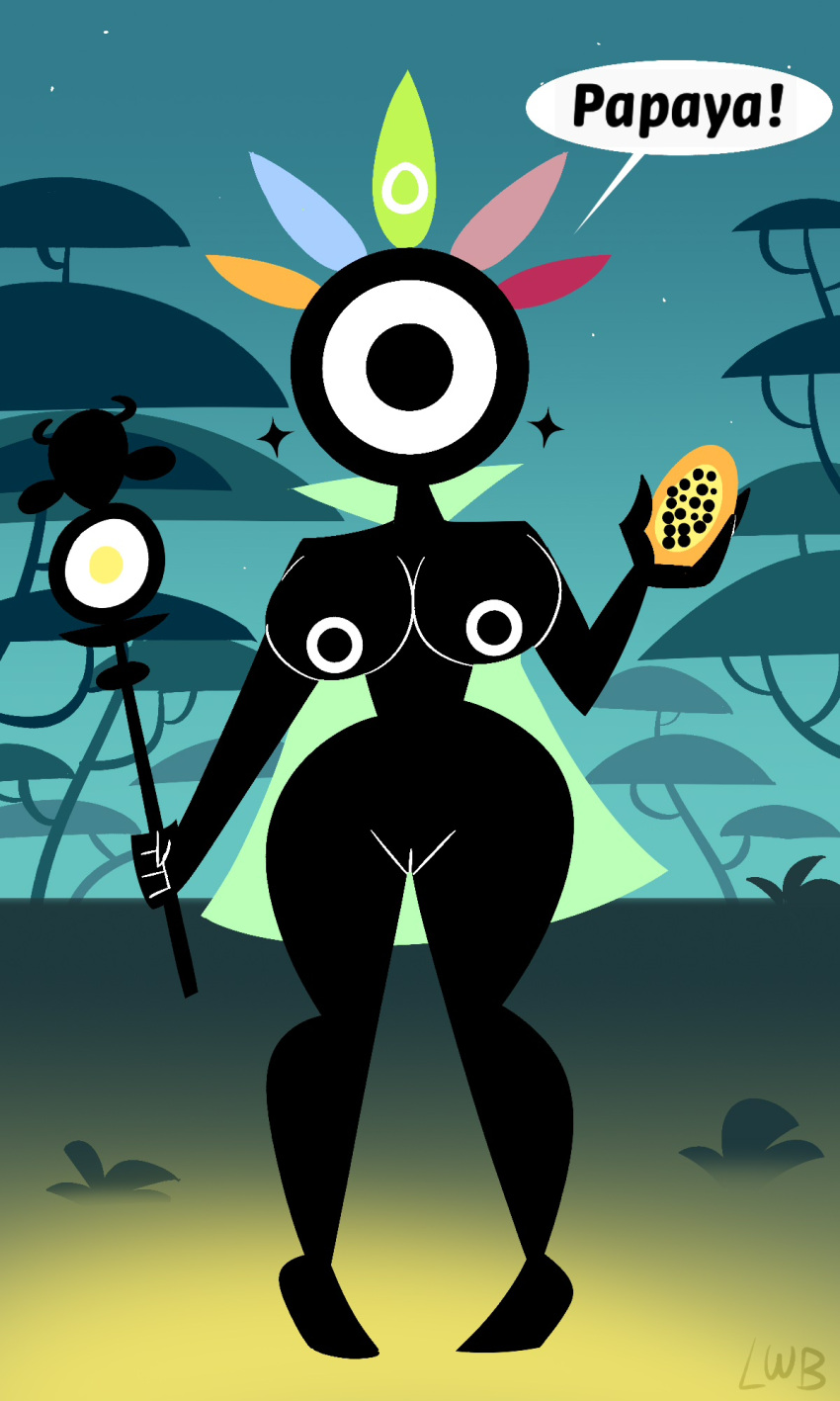 1girl 2021 anthro black_body black_eye black_skin breasts cape cleavage curvy dialogue eyeball holding_fruit holding_object lolwutburger nipples nude papaya patapon playstation priestess_meden pussy sony_interactive_entertainment text thick_thighs wide_hips