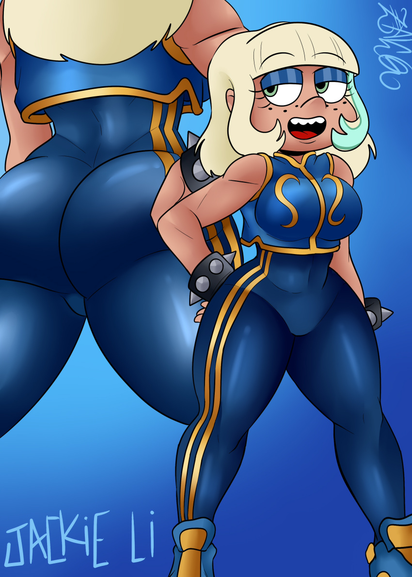 1girl 2023 asian ass athletic athletic_female big_ass big_breasts blonde blonde_hair blue_background blue_bodysuit blue_clothes blue_clothing blue_eyeshadow bodysuit booty bottom_heavy bracelet bracelets breasts capcom caucasian caucasian_female child_bearing_hips chinese chinese_clothes chun-li chun-li_(cosplay) clothed clothes clothing cosplay covered_breasts crossover crossover_cosplay curvaceous curvy curvy_body curvy_female curvy_figure dat_ass disney disney_channel disney_xd eyeshadow fat_ass female_only fit fit_female fitness freckles green_eyes jackie_lynn_thomas light-skinned_female light_skin mature mature_female pawg pear_shaped pear_shaped_female phat_ass short_hair skin_tight skintight_bodysuit star_vs_the_forces_of_evil street_fighter street_fighter_alpha street_fighter_alpha_2 street_fighter_alpha_3 tan tanned tanned_female tanned_skin thick_ass thick_thighs thighs thunder_thighs tomboy top_heavy two_tone_hair unitard vest video_games voluptuous wide_hips wristband wristbands zaicomaster14