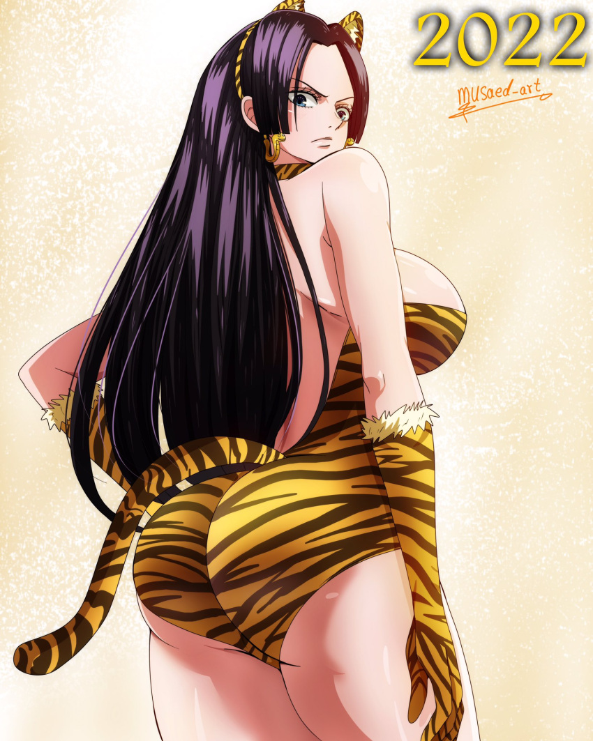 1girl 1girl 1girl 2022 ass ass big_ass big_breasts boa_hancock breasts clothed_female female_focus female_only gloves high_res leotard long_hair mature mature_female musaed_art one_piece purple_hair sideboob solo_female solo_focus standing tagme thick_thighs tiger_ears tiger_gloves tiger_print tiger_tail