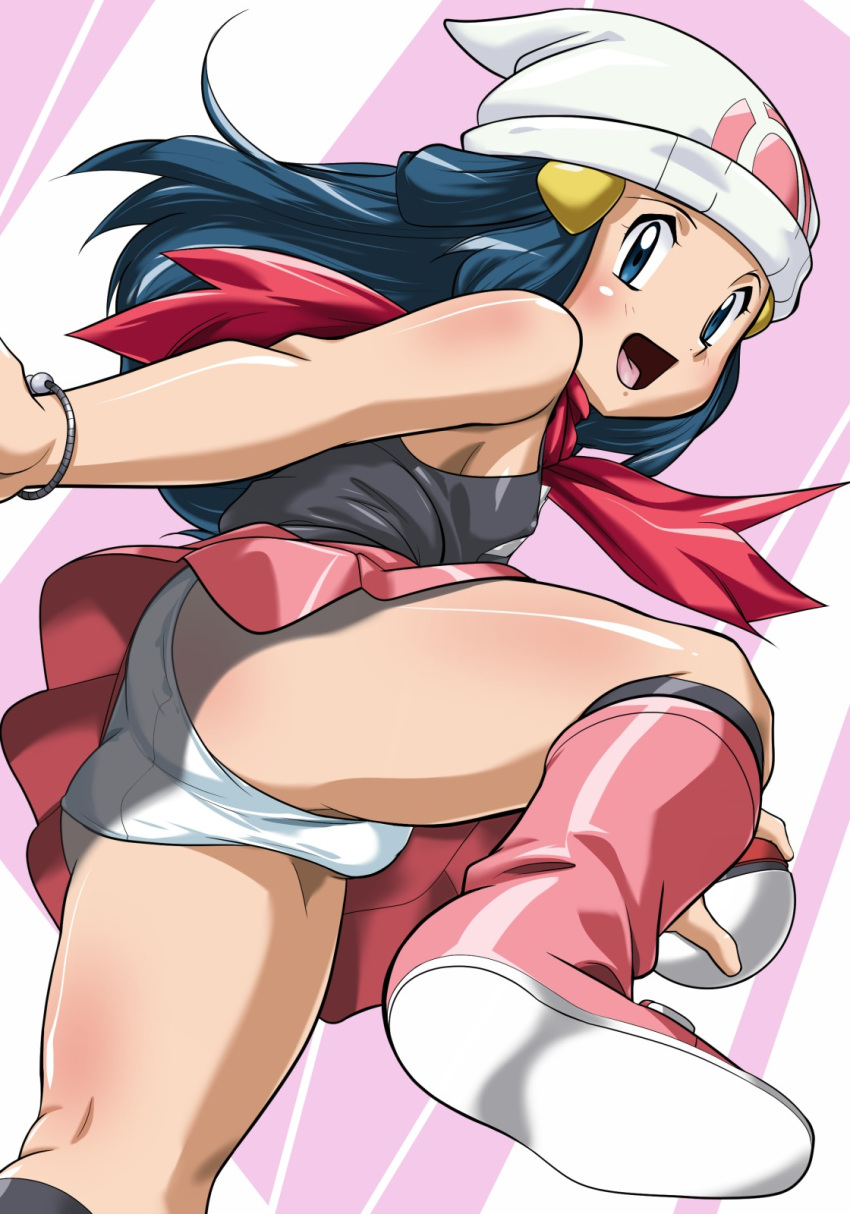 1_girl 1girl ass bare_arms beanie blue_eyes blue_hair blush boots breasts clothed dawn dawn_(pokemon) female female_human female_only hair_ornament hat highres hikari_(pokemon) hikawadou human long_hair looking_at_viewer nintendo panties pantyshot pokemon pokemon_(anime) pokemon_(game) pokemon_dppt scarf sideboob skirt sleeveless small_breasts solo trefoil underwear upskirt white_panties