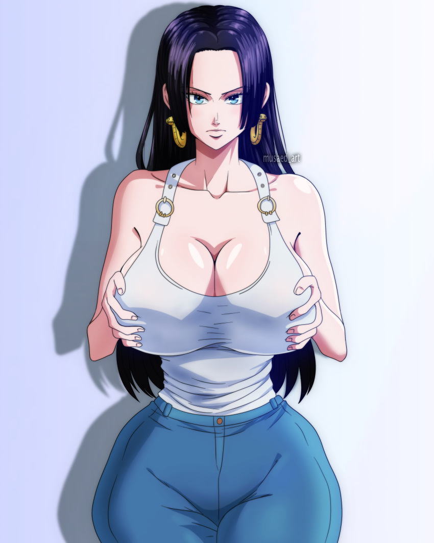 1girl 1girl absurd_res alternate_costume artist_name bangs bare_shoulders big_breasts black_hair blue_eyes boa_hancock breast_grab breasts cleavage clothed_female clothing collarbone curvy denim earrings eye_contact female_focus female_only frown high_res hips huge_breasts human jeans jewelry lips long_hair looking_at_viewer mature mature_female musaed_art one_piece pants parted_bangs pinup shirt sideboob simple_background sleeveless solo_female solo_focus standing tagme tank_top thick_thighs thighs voluptuous watermark wide_hips