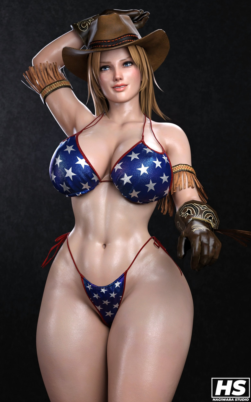 1girl 3d 3d_(artwork) alluring arm_above_head athletic_female big_breasts bikini blonde_hair blue_eyes dead_or_alive dead_or_alive_2 dead_or_alive_3 dead_or_alive_4 dead_or_alive_5 dead_or_alive_6 dead_or_alive_xtreme dead_or_alive_xtreme_2 dead_or_alive_xtreme_3_fortune dead_or_alive_xtreme_beach_volleyball dead_or_alive_xtreme_venus_vacation female_abs female_only fit_female gloves hagiwara_studio hat long_hair midriff side-tie_bikini simple_background smile solo_female standing string_bikini swimsuit tecmo thighs tina_armstrong