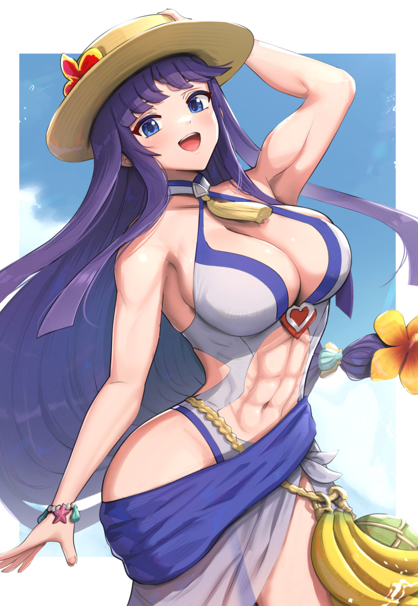 1girl 1girl :d abs alluring altina altina_(fire_emblem) athletic_female banana bare_shoulders biceps big_breasts blue_background blue_eyes blue_sarong blush bracelet breasts choker cleavage clothing_cutout cloud cloudy_sky collarbone criss-cross_halter eyebrows_hidden_by_hair female_abs female_focus fire_emblem fire_emblem:_radiant_dawn fire_emblem_heroes fit_female flower food fruit gonzarez grey_one-piece_swimsuit hair_ornament hairclip halter_top_bikini halterneck hand_on_headwear hat heart hibiscus high_res jewelry linea_alba long_hair looking_at_viewer neck_tassel nintendo official_alternate_costume one-piece_swimsuit open_mouth outside purple_hair sarong seashell shell simple_background sky smile stomach_cutout sun_hat swimsuit tassel white_one-piece_swimsuit wide_hips