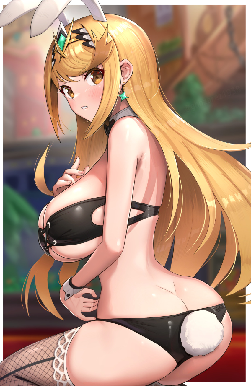 1girl absurd_res alluring animal_ears ass big_breasts blonde_hair blush bow bowtie breasts butt_crack cleavage commentary detached_collar fake_animal_ears fake_tail gonzarez headpiece high_res leotard long_hair looking_at_viewer mythra mythra_(xenoblade) nintendo playboy_bunny rabbit_ears rabbit_tail swept_bangs tail tiara traditional_bowtie very_long_hair wrist_cuffs xenoblade_(series) xenoblade_chronicles_(series) xenoblade_chronicles_2 yellow_eyes