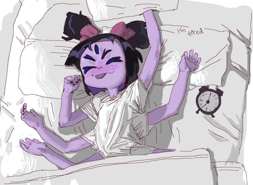 1_girl 1girl 5_eyes 6_arms adorable alarm_clock anthro anthro_only arachnid arthropod black_hair breasts clothing cute female female_anthro female_only hair in_bed lying_on_back lying_on_bed monster monster_girl muffet multiple_arms multiple_eyes non-mammal_breasts on_bed pillow purple_body purple_skin short_twintails simple_background sleeping solo solo_anthro solo_female spider spider_girl t-shirt third-party_source tongue tongue_out twin_tails twitter undertale undertale_(series) video_games white_background zippers82496822 zippyart