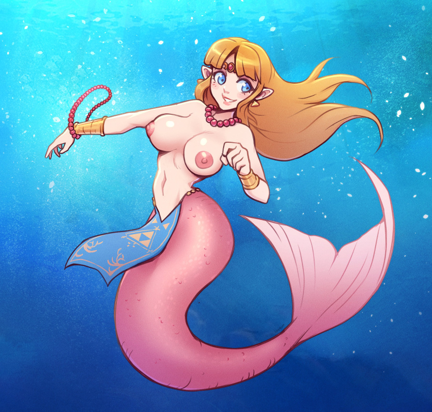 1girl a_link_between_worlds alternate_species bead_necklace blonde_hair blue_eyes breasts breasts_out brellom detailed_background earrings female fish_girl fish_tail high_res hylian_ears long_hair medium_breasts mermaid mermaid_ass mermaid_girl mermaid_tail mermaid_transformation necklace nintendo nipples no_bra ocean princess_zelda sea smile solo tagme the_legend_of_zelda underwater water zelda_(a_link_between_worlds)