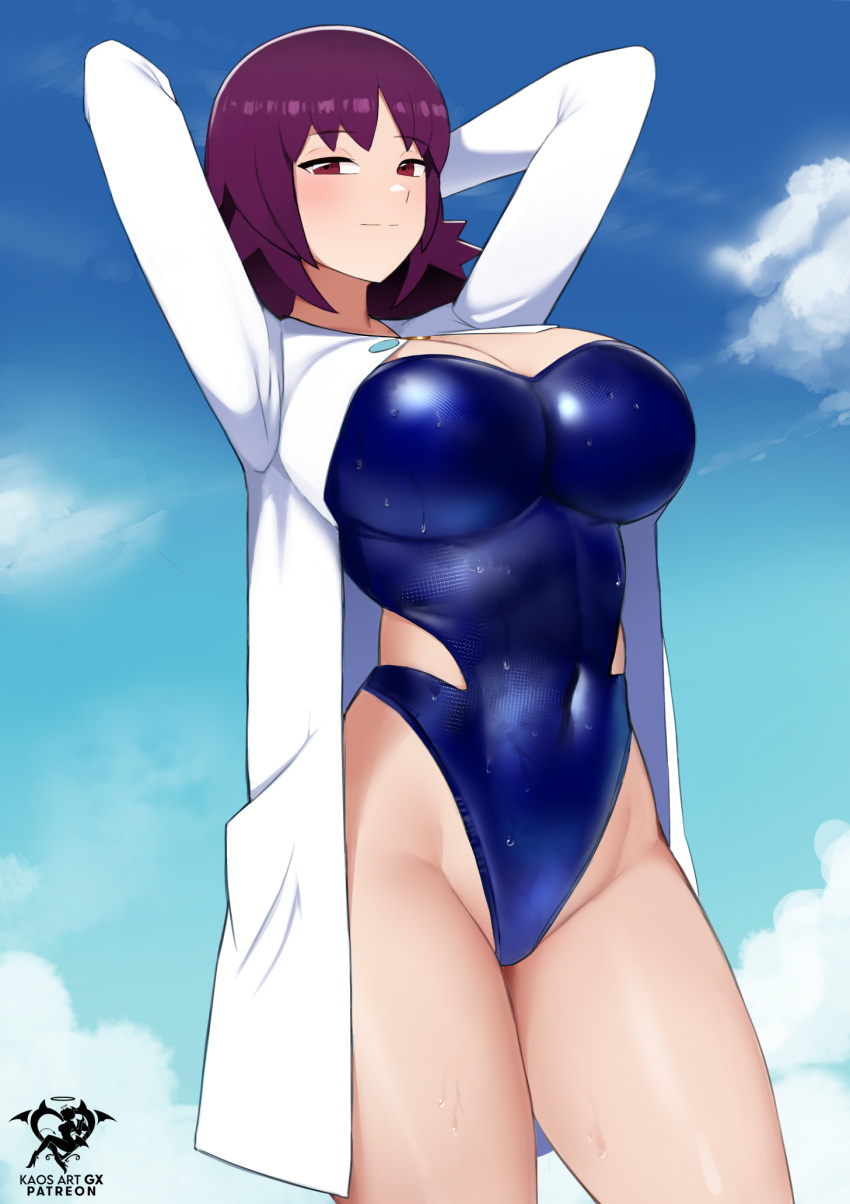1girl 1girl alluring athletic_female big_breasts cleavage covered_female_abs female_abs fit_female hips kaos_art lab_coat nintendo one-piece_bikini one-piece_swimsuit philena_ivy pokemon pokemon_(anime) pokemon_professor professor_ivy purple_hair swimsuit thick_thighs thighs wide_hips