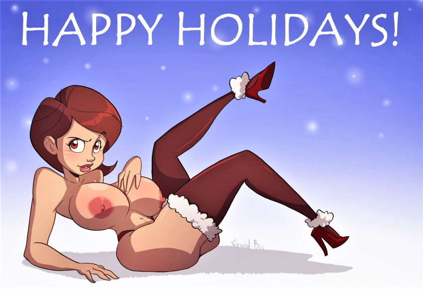 1girl erect_nipples female_only happy_holidays helen_parr huge_breasts large_areolae nude stockings the_incredibles thighs thong