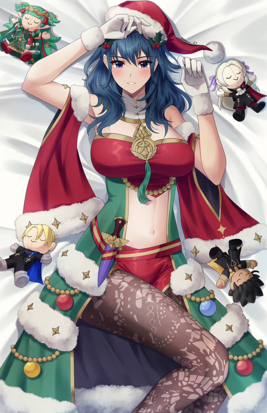 1girl alluring blue_eyes byleth_(fire_emblem) byleth_(fire_emblem)_(female) character_doll christmas christmas_outfit claude_von_riegan clothing_cutout dagger dimitri_alexandre_blaiddyd doiparuni edelgard_von_hresvelg fire_emblem fire_emblem:_three_houses fire_emblem_heroes gloves hat high_res knife lying medium_hair mistletoe_hair_ornament navel nintendo official_alternate_costume on_back pantyhose pantyhose_under_shorts patterned_legwear print_pantyhose santa_hat shorts sothis_(fire_emblem) sothis_(winter)_(fire_emblem) stomach_cutout teal_hair weapon white_gloves