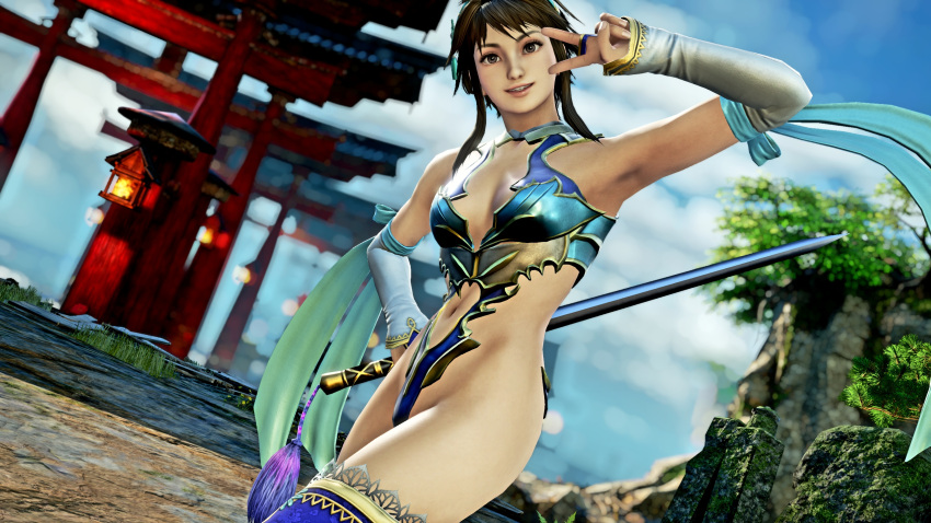alluring armored_lingerie brown_eyes brown_hair chai_xianghua peace_gesture project_soul soul_calibur soul_calibur_ii soul_calibur_iii soul_calibur_vi sword v weapon xianghua