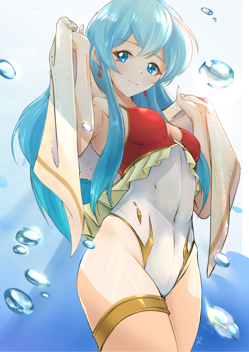 1girl 1girl alluring breasts eirika_(fire_emblem) fire_emblem green_hair high_res nintendo one-piece_swimsuit simple_background smile swimsuit