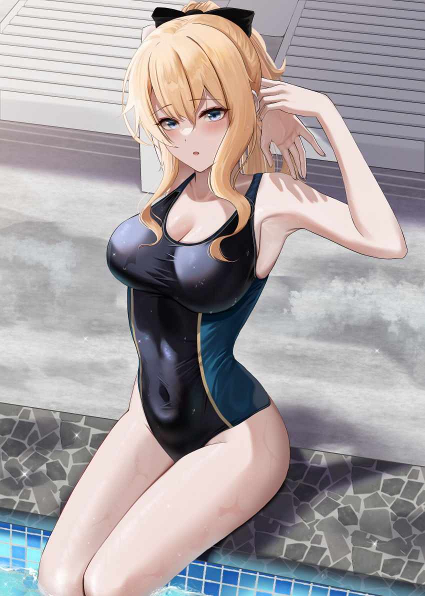 1girl absurd_res alluring arm_up bikini black_bow black_bowtie blonde_hair blue_eyes bow bowtie breasts cleavage commentary_request genshin_impact hair_between_eyes high_res jean_(genshin_impact) jean_gunnhildr long_hair looking_at_viewer medium_breasts one-piece_swimsuit pool poolside sidelocks soaking_feet stretching swimming_pool swimsuit thighs yamikyon