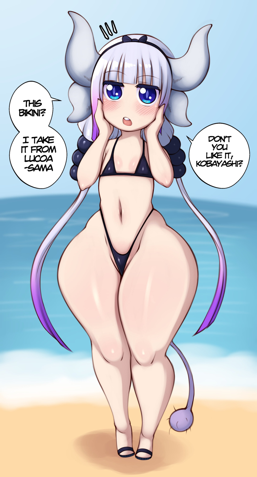 1girl accessory aged_up bangs beach bikini blue_eyes blunt_bangs blush breasts clothed clothing day dialogue dragon_girl dragon_humanoid english_text footwear hair hair_accessory hair_bobbles hair_ornament hairband hands_on_face hands_on_own_face horned_humanoid horns humanoid kanna_kamui kobayashi-san_chi_no_maidragon lavender_hair light-skinned_female light_skin long_hair long_twintails miss_kobayashi's_dragon_maid monster_girl navel ocean open_mouth purple_hair saltyxodium sandals sea sexy sexy_body shiny shiny_skin sky small_breasts speech_bubble standing swimsuit swimwear tail talking text thick_thighs thighs tied_hair twin_tails wide_hips