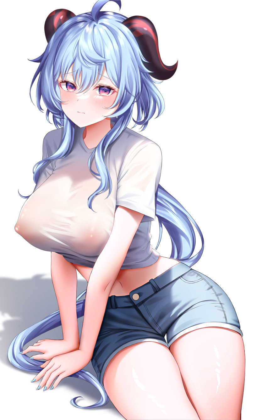 1girl absurd_res ahoge alternate_costume arm_support big_breasts blue_hair blue_nails blue_shorts blush breasts closed_mouth covered_nipples crop_top female female_only fingernails ganyu_(genshin_impact) genshin_impact goat_horns gradient_eyes hair_between_eyes high_res horns leaning_to_the_side long_fingernails long_hair multicolored_eyes nail_polish navel no_bra purple_eyes raised_eyebrows see-through see-through_shirt shadow shiny_skin shirt short_shorts short_sleeves shorts sidelocks simple_background sitting stomach t-shirt thighs unha very_long_hair white_background white_shirt