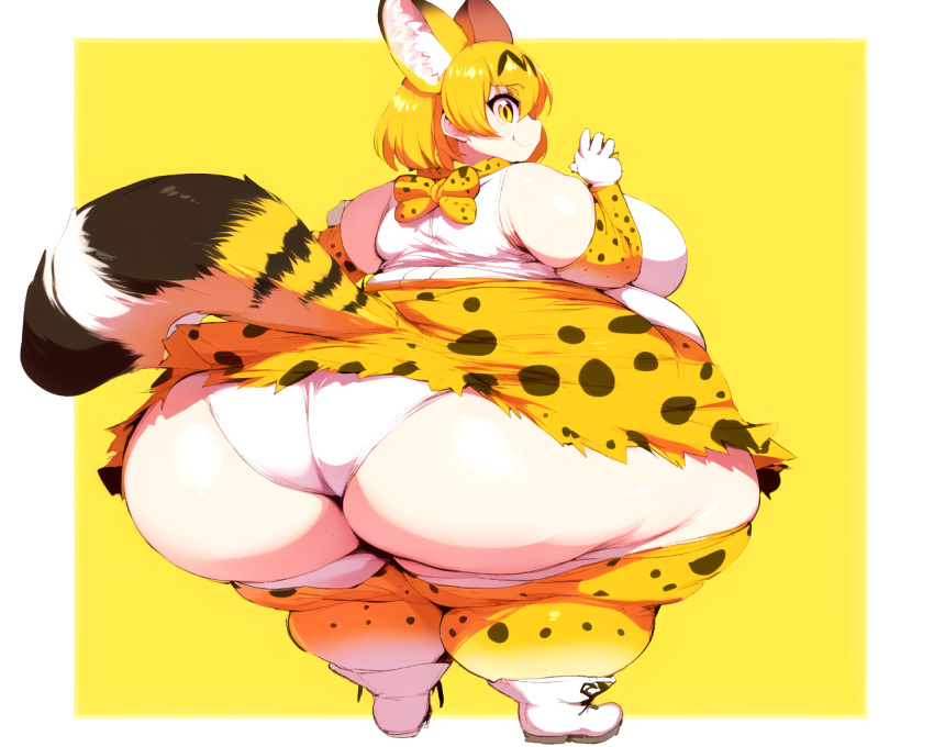 1girl bbw bottom_heavy huge_ass kemono_friends looking_at_viewer looking_back obese serval_(kemono_friends)