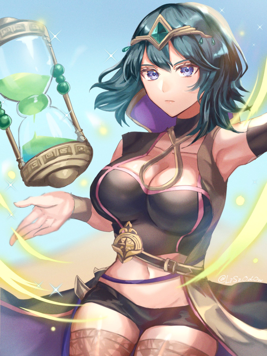 1girl alluring alternate_costume alternate_hair_length alternate_hairstyle belt big_breasts blue_eyes blue_sky bodice breasts bustier byleth_(female) byleth_(female)_(fire_emblem) byleth_(fire_emblem) byleth_(fire_emblem)_(female) choker circlet cleavage closed_mouth clothing_cutout coat fire_emblem fire_emblem:_three_houses fire_emblem_heroes hair_between_eyes hair_ornament high_collar high_res hip_bones hourglass looking_at_viewer medium_hair nintendo outside pantyhose patterned_legwear print_pantyhose sand serious short_shorts shorts simple_background sky teal_hair thighs youhei_choregi