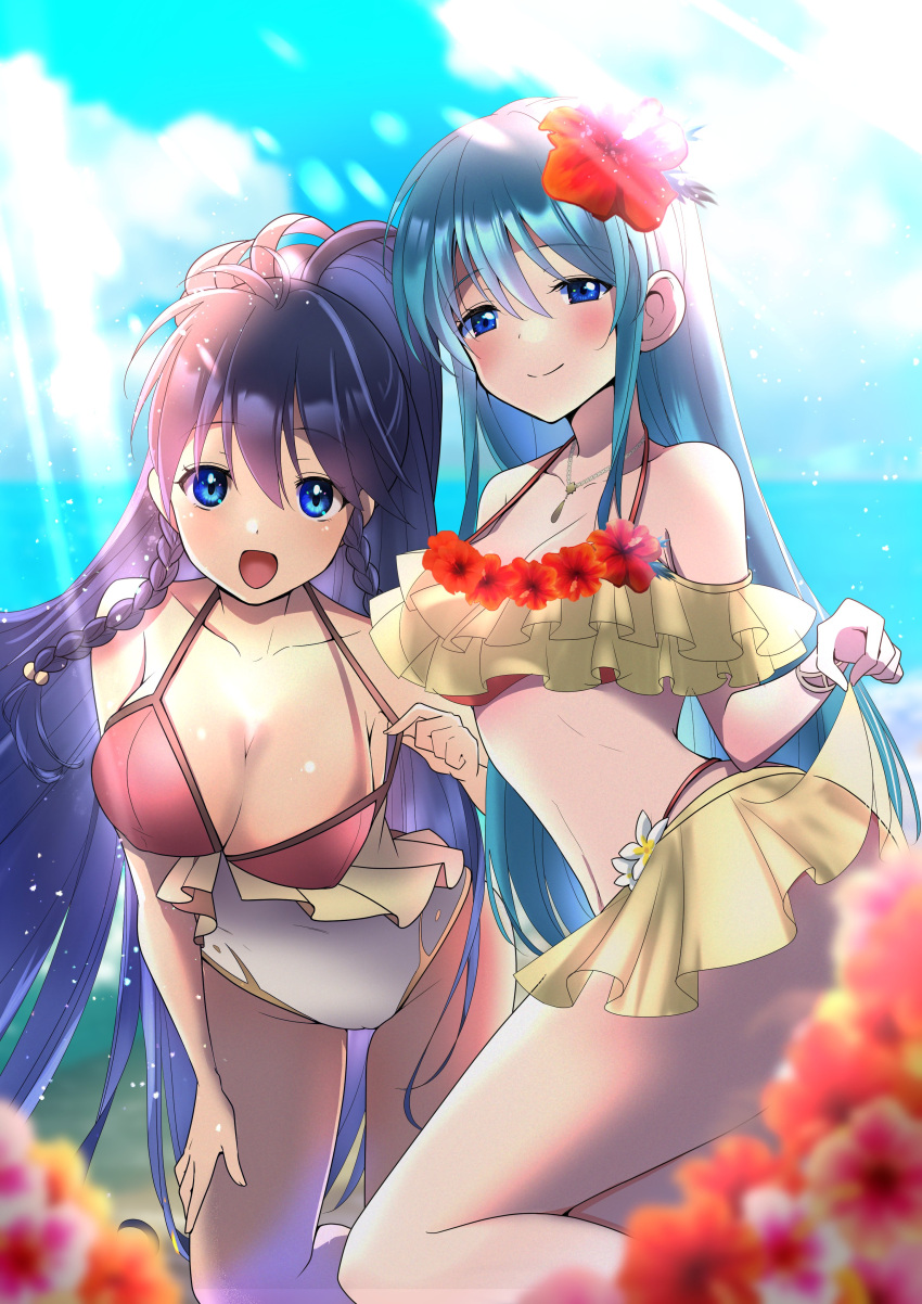 1girl absurd_res alluring aqua_hair ass azusa_(azchemist63) bare_shoulders big_breasts bikini blue_eyes blue_hair braid breasts cleavage collarbone covered_navel eirika_(fire_emblem) fire_emblem fire_emblem:_the_sacred_stones fire_emblem_heroes flower hibiscus high_res jewelry leaning_forward long_hair looking_at_viewer medium_breasts necklace nintendo official_alternate_costume one-piece_swimsuit ponytail skirt_hold smile sunlight swimsuit tana_(fire_emblem) tana_(summer)_(fire_emblem) twin_braids twin_tails two-tone_bikini very_long_hair white_one-piece_swimsuit yellow_bikini