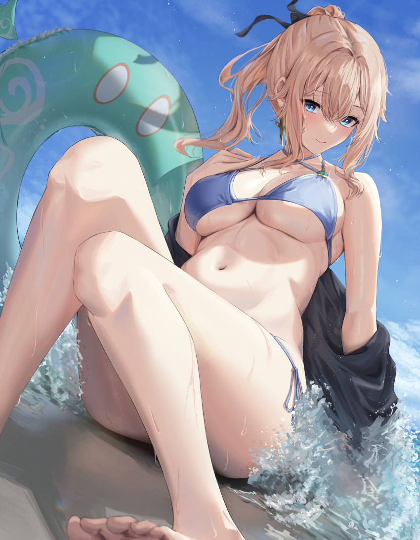 1girl 1girl absurd_res alluring bakemonsou barefoot beach big_breasts bikini black_shirt blonde_hair blue_bikini blue_eyes blue_nails blue_sky breasts cloud commission day earrings feet foot_out_of_frame genshin_impact high_res innertube jean_(genshin_impact) jean_gunnhildr jewelry knees_together_feet_apart knees_up legs navel off_shoulder outside pixiv_commission ponytail shirt single_earring sitting sky stomach swimsuit thighs toes under_boob water wet