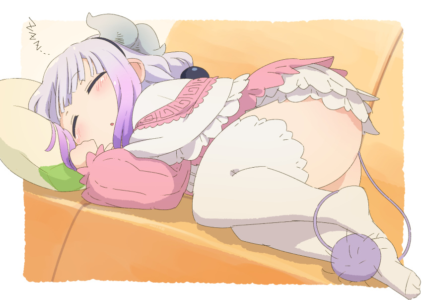 1girl beads blush border capelet closed_eyes commentary_request couch dragon_girl dragon_horns dress frilled_capelet frills gradient_hair hair_beads hair_ornament high_res horns kanna_kamui kobayashi-san_chi_no_maidragon legs light_purple_hair long_sleeves lying multicolored_hair no_shoes on_couch on_side parted_lips pink_dress purple_hair samansa_ex sfw sleeping stockings tail thighs white_border white_capelet white_thighhighs zzz