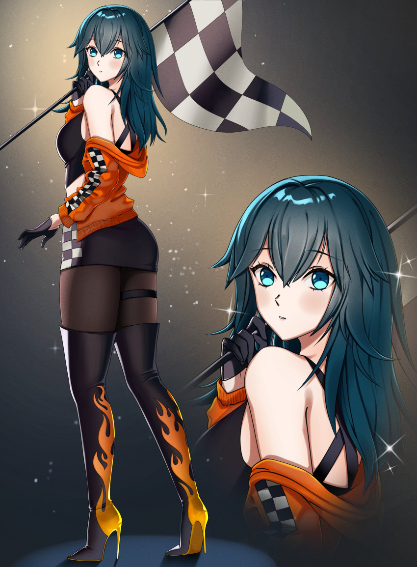 1girl absurd_res alluring alternate_costume black_footwear black_gloves black_pantyhose black_skirt black_tank_top blue_eyes boots breasts byleth_(female) byleth_(female)_(fire_emblem) byleth_(fire_emblem) byleth_(fire_emblem)_(female) checkered_flag closed_mouth commentary english_commentary fire_emblem fire_emblem:_three_houses flag gloves hair_between_eyes high_heel_boots high_heels high_res holding holding_flag jacket long_hair looking_at_viewer mari48240422 medium_breasts nintendo off_shoulder open_clothes open_jacket orange_jacket pantyhose race_queen skirt stiletto_boots stiletto_heels tank_top teal_hair thigh_high_boots